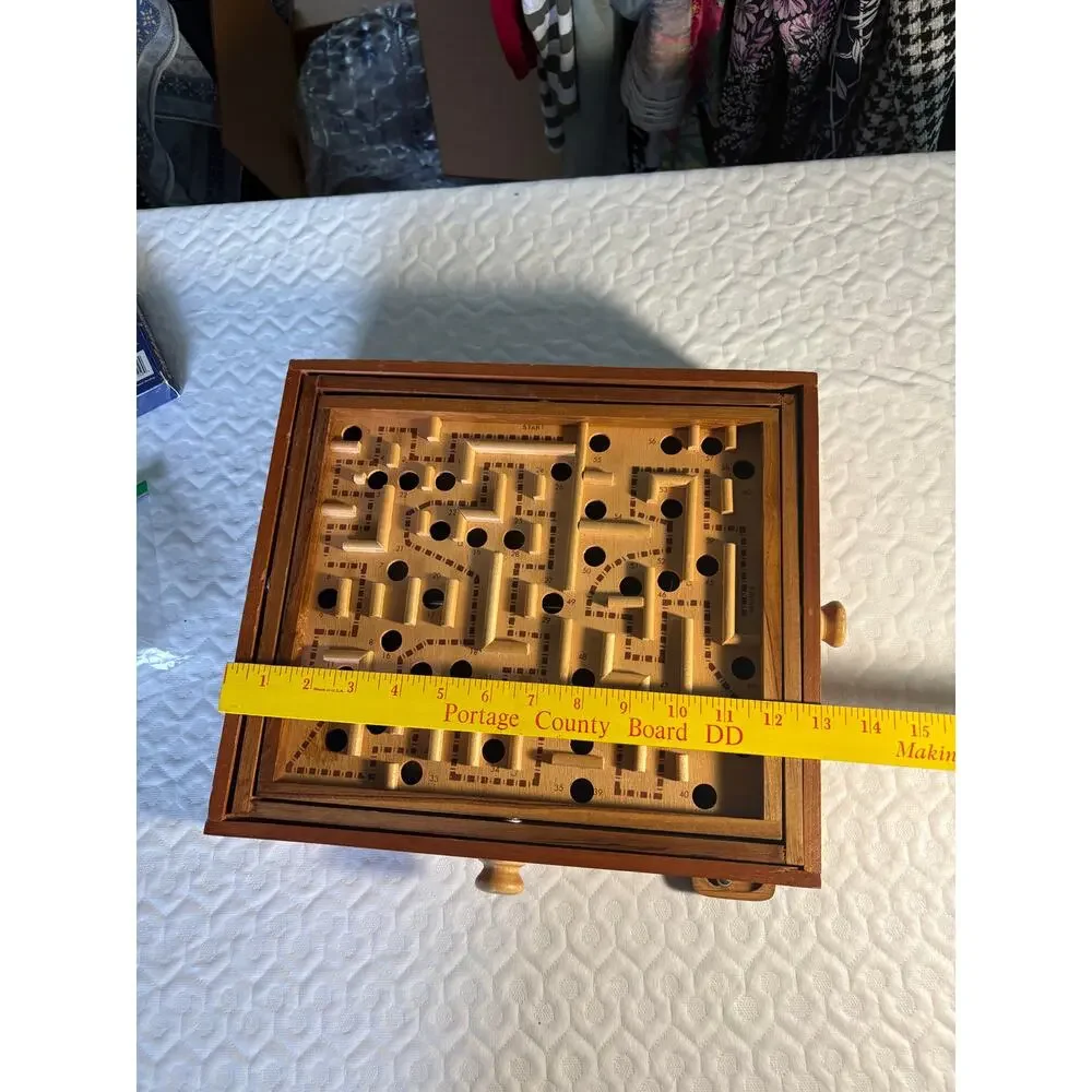 Vintage Wooden Labyrinth Tilt Maze Game 60 Hole Marble Skill Puzzle Wood